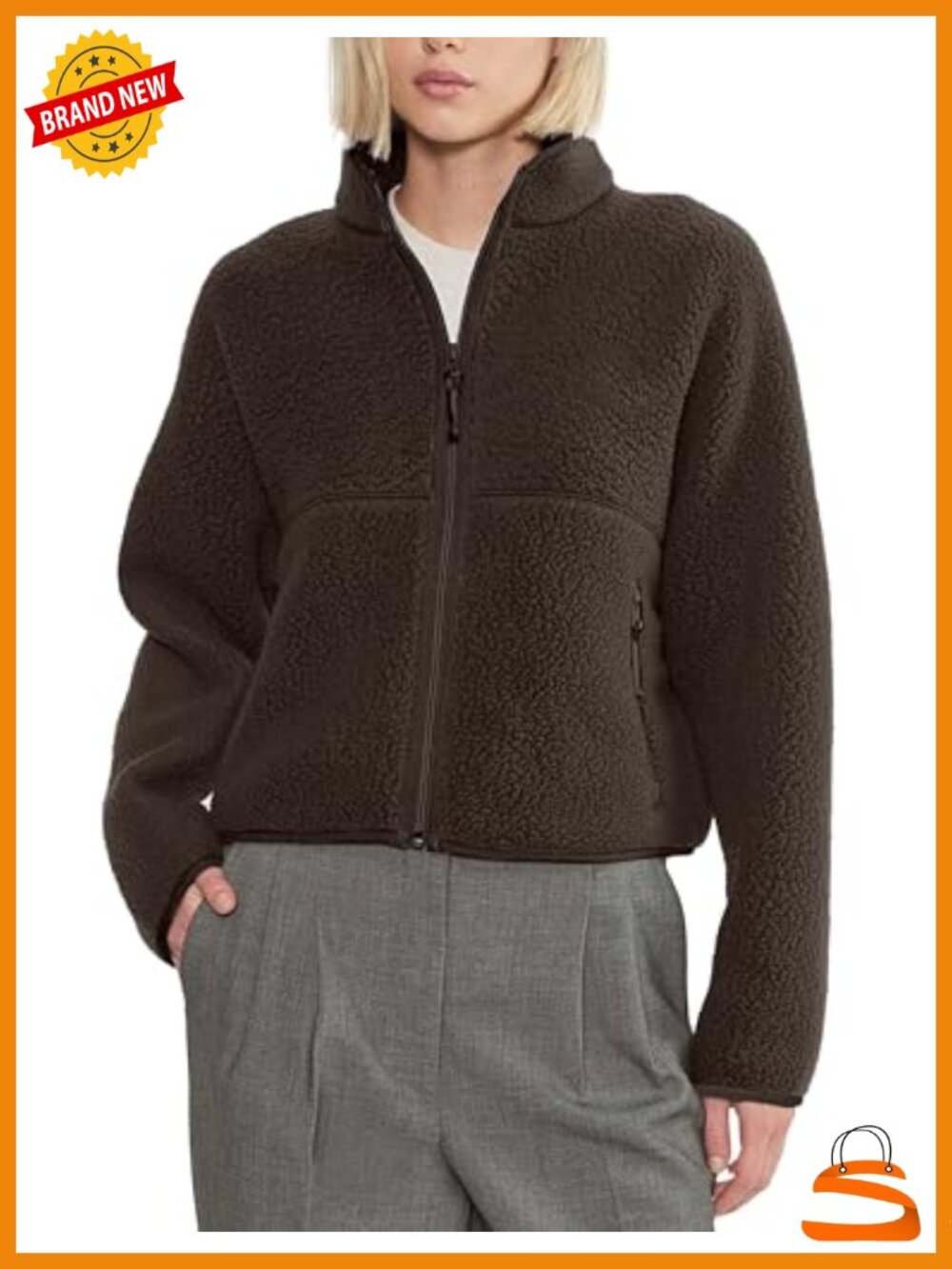 Sherpa Fleece Full Zip Jacket Stand Collar Zip Pockets Winter Coat